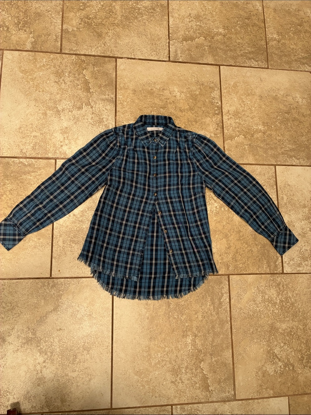Blue Plaid Button-Down Shirt with Frayed Hem